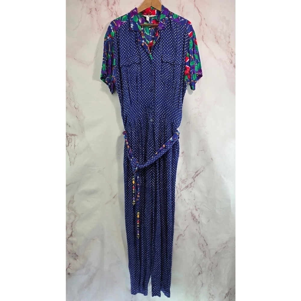 Vintage Jumpsuit Womens XL 80s 90s Polka Dot Floral Slouchy Button Art Deco